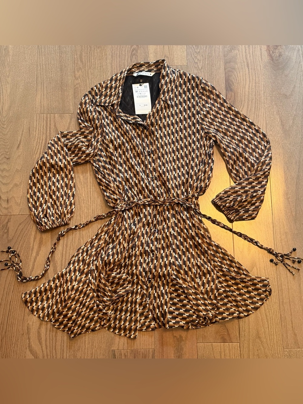 Zara Brown Geometric Long-Sleeve Shirt Dress